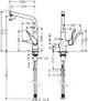 Hansgrohe Spültischmischer in chrom, mit zwei Hebeln und verschiedenen Abmessungen, dargestellt in einer technischen Zeichnung mit entsprechenden Maßen und Anschlussdetails.